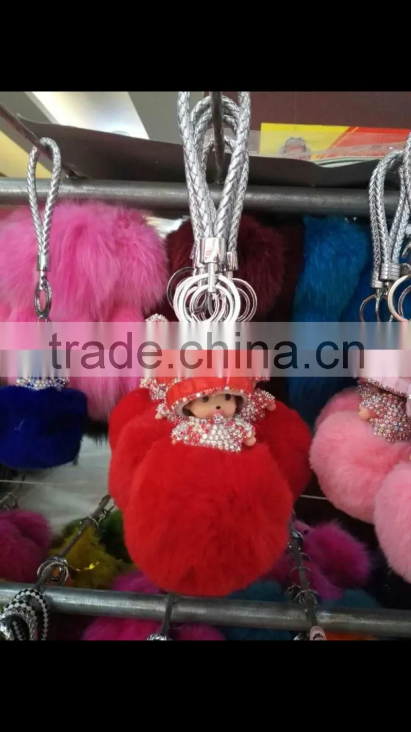 Hot selling rabbit fur accessories monchhichi leather keychain fur pompoms