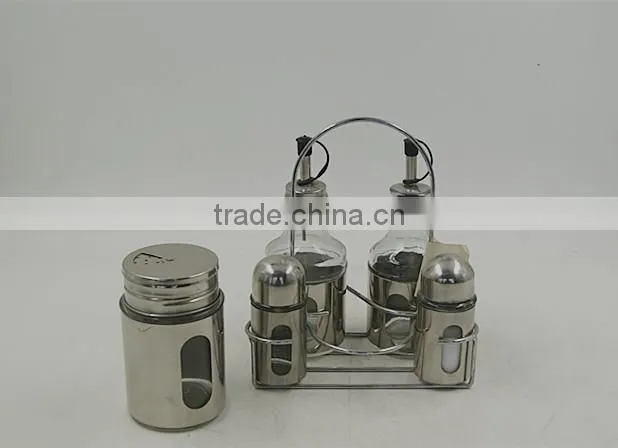set of 5 Glass oil vinegar bottle spice jar set cruet set with metal coat shelf