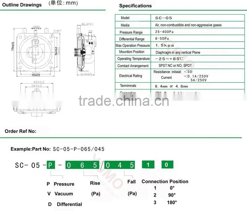 SC-05 25 to 400Pa Micro pressure switch oil water air automatic air compressor pressure switch control valve
