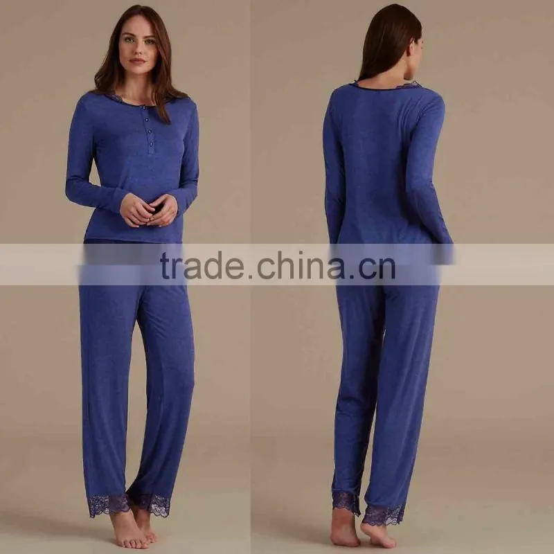 Nude Sleepwear Lace Trim Long Sleeve Pyjama Set Wholesale Custom High Quality Womens Sleepwear Sets