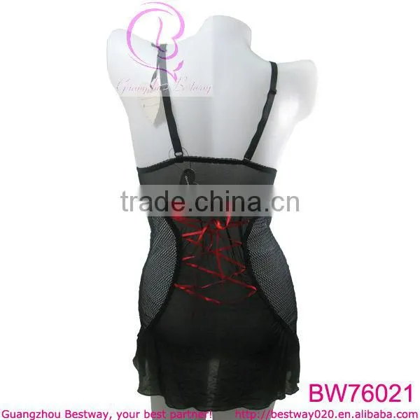 Fantacy sexy women black transparent lingerie with red ribbon