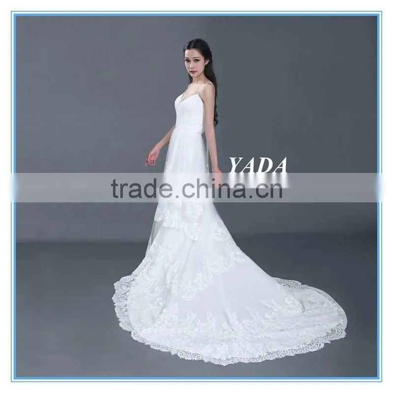 Spaghetti Strap Lace Sexy Low Back 5 Layers Ruffles Wedding Dress with Bridal Mantilla Veil