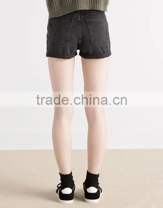 Wholesale ladies cheap plain washed rolled booty hem denim jeans shorts for women 2016
