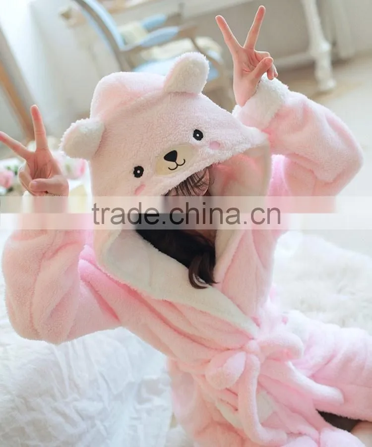 Girls Winter And Autumn Cute Rabbit Pink Pajamas Flannel Fleece Bathrobe