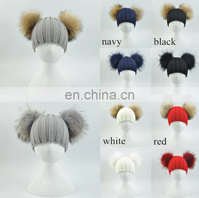 Wholesale Fashion Cheap kids Knitted Hats Real Fur Two Poms Kids Hat Winter