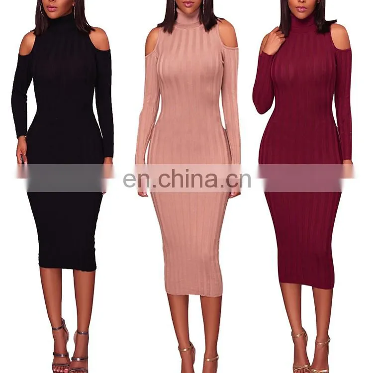 Women Sexy Cold Shoulder Knitting Sweater Long Sleeve Bodycon Party Mini Dress