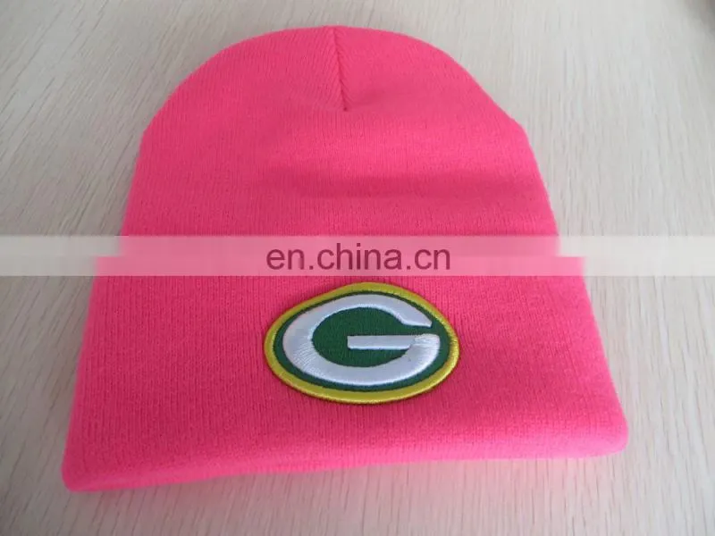 Custom pink girls beanie hats with embroidered logo for promotion