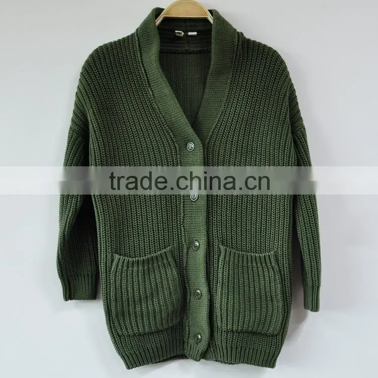 Two pocket V-Neck Cardigan Sweater Army Green Long Sleeve Sweater for Nurse