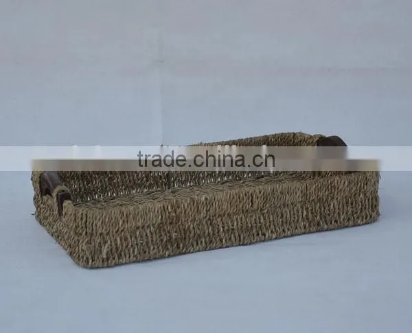 rectangular seagrass woven chocolate packaging food tray with wood handle