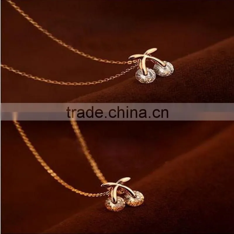 Cute Cherry Shaped Crystal Pendant Necklace With Long Chain Golden Necklace