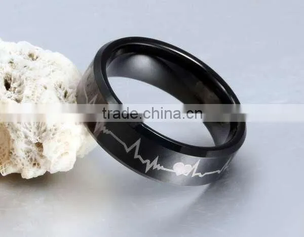 European laser men's black tungsten Rings electrocardiogram