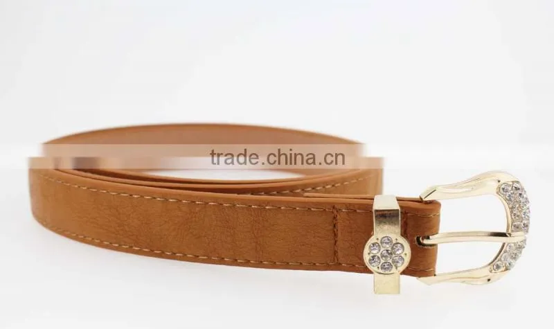 Women's Plain brown PU leather belt with rhinestone buckle