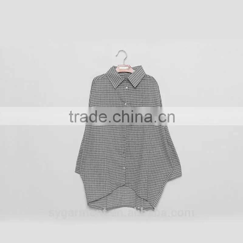 Women's fashion sky blue color plaid shirt lady blouse