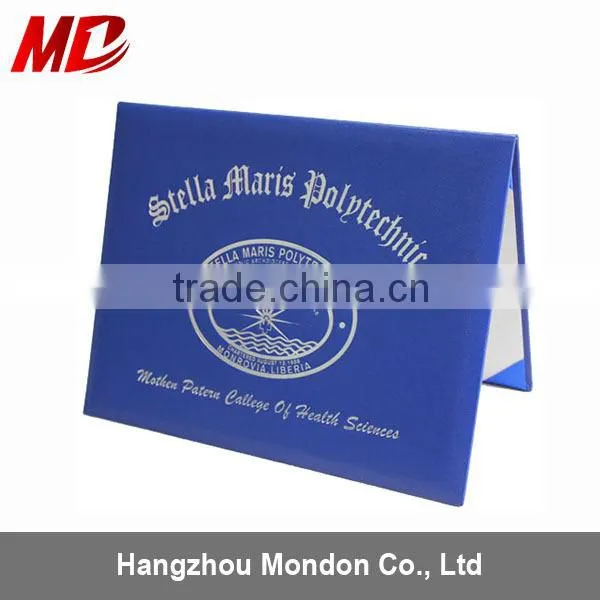 Navy Blue Leather Certificate Holder Four Satin Corners One Moire Fabric-Tent Style