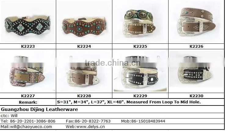 2016 Best Seller Scallop Western Rhinestone Leather Belt With Turquoise Concho