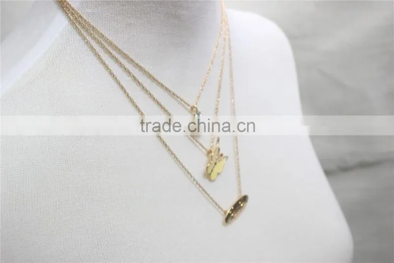 Gold Chain Layered Set Necklace w/Clear Teardrop Diamond Yellow Butterfly Metal Necklace 2016 Fashion Style Wholesale