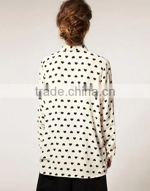 Autumn Spring 2015 Long Sleeve White Heart Printing Pattern Chiffon Blouses Shirt Women Clothing blusas femininas European Style