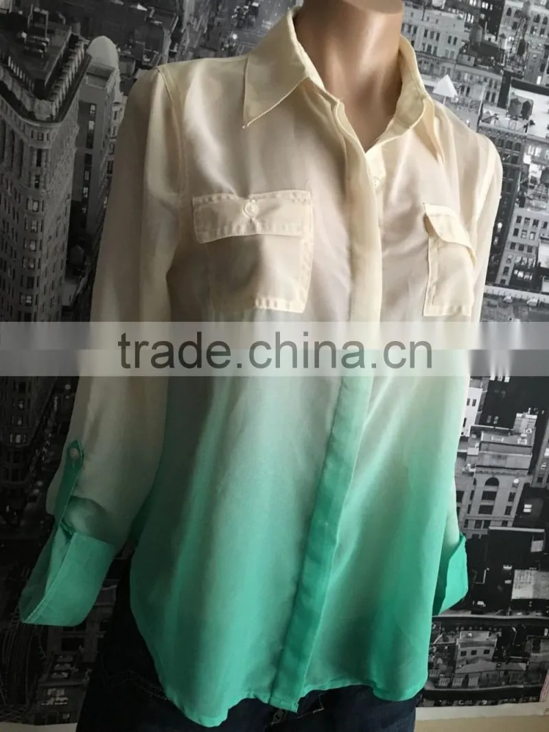 Womens Ombre Chiffon Button Down Shirt Top Long Sleeve Loose Casual Blouse