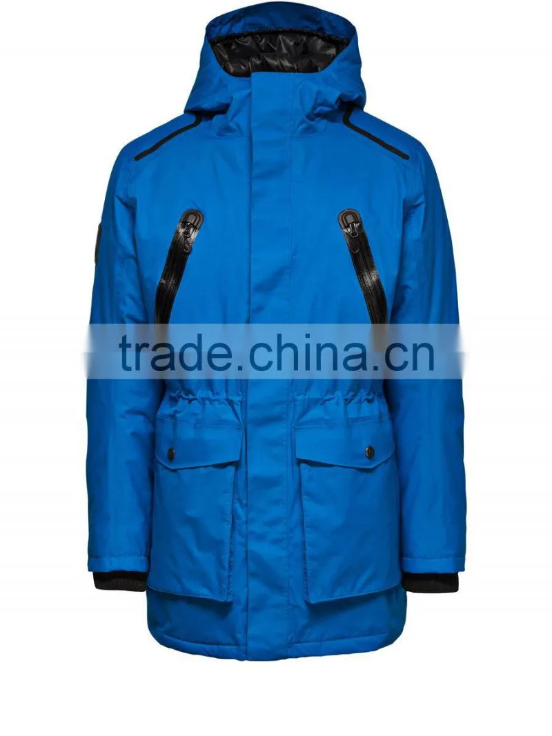 Outdoor insulated blue nylon men parka jacket