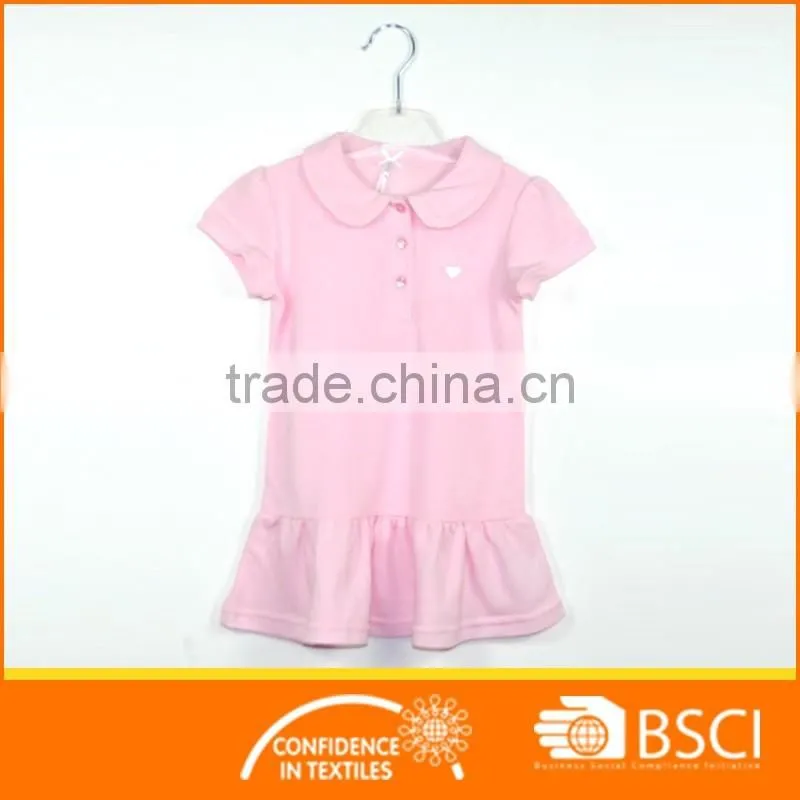 Pure Cotton Pique Turnning Up Neck Baby Solid Pink Dresses