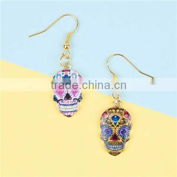New Fashion Cheap Gold Plated Multicolor Halloween Sugar Skull Earrings