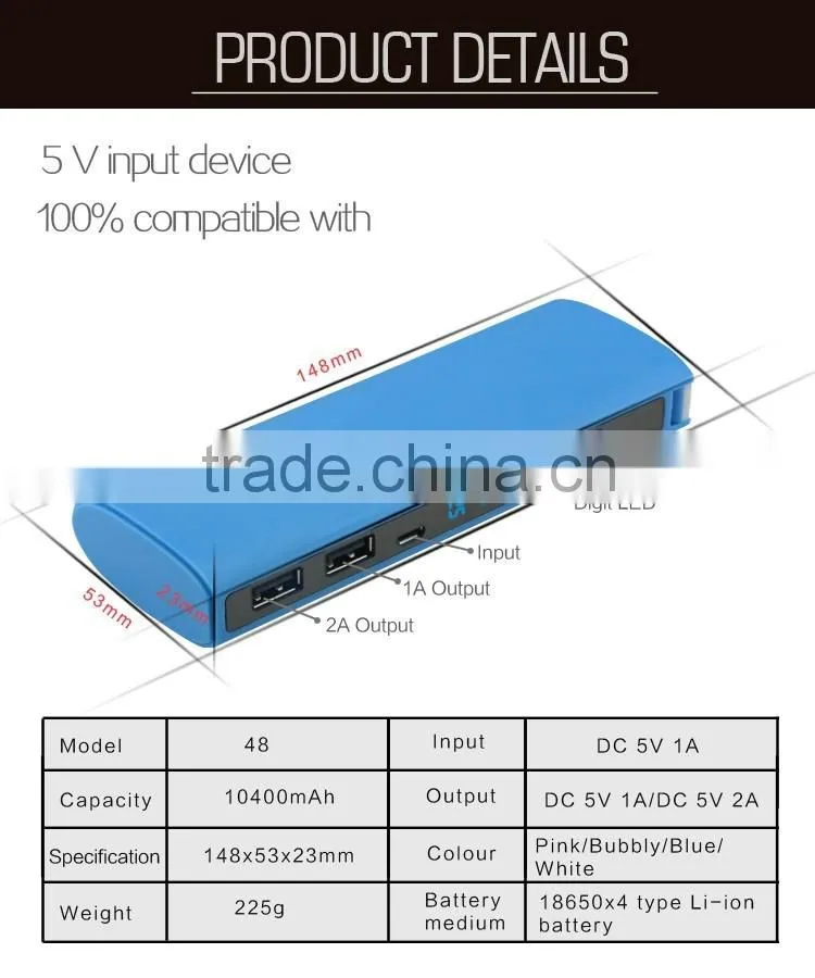 High capacity 10400mAH power bank with led light/double usb port/li-ion batteries