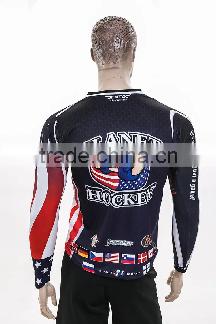 white color contrast blue color sewing polyester hockey shirts