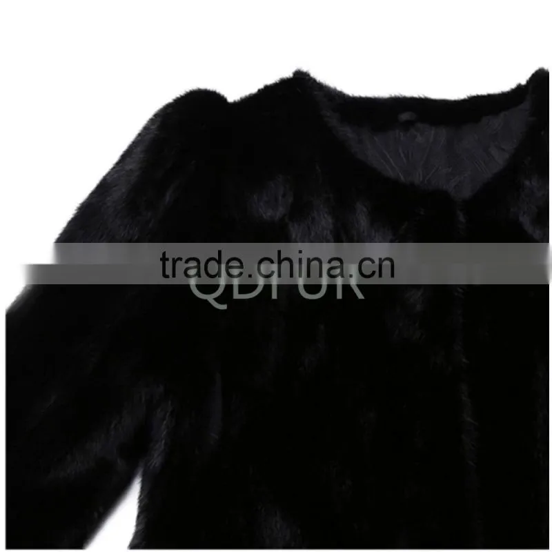 QD30972 European Mink Fur Jacket Winter Real Mink Fur Warmer Jacket with 3/4 Sleeves Black Jacket