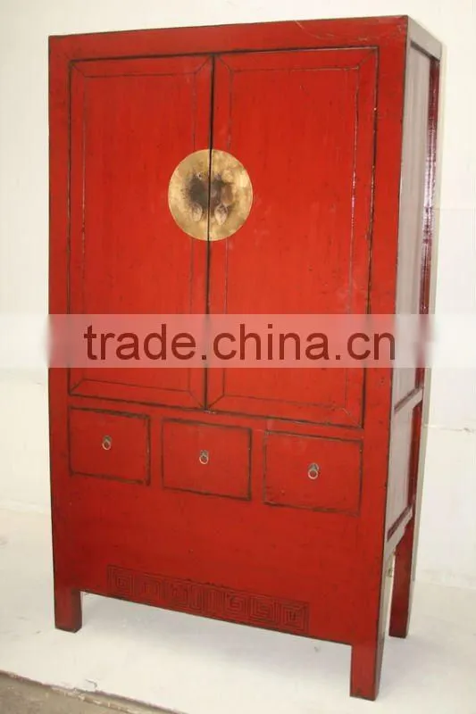 antique Chinese two door two drawer red lacquer wedding wardrobe