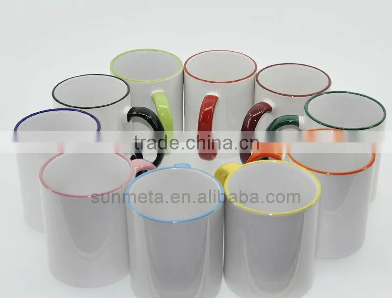 Sunmeta wholesale 11oz rim and handle color blank heat press mug, sublimation coated mug
