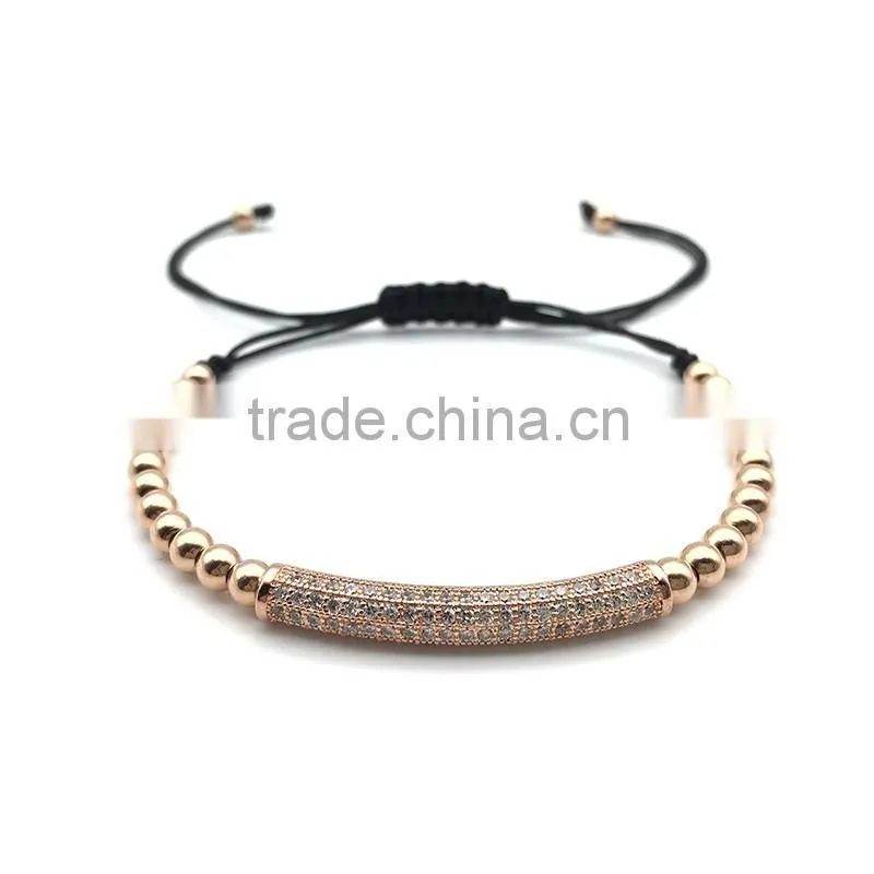 Colorful adjustable ladies stainless steel beads cubic zircon rose gold micro pave beads bracelet wholesale
