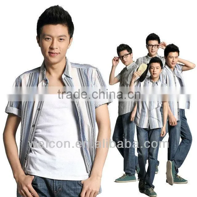 Latest brand design European style fancy fashion pure cotton men short sleeve casual stripe shirt