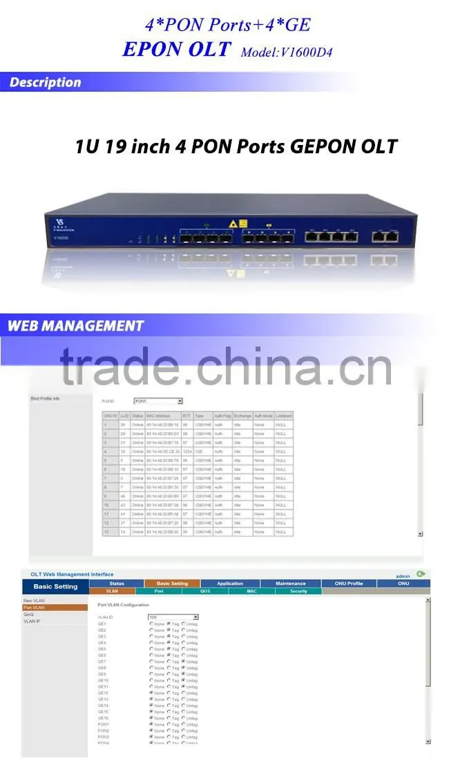 4 PON Port GEPON OLT 20KM transmission Distance 4GE Interface Support WEB Manage