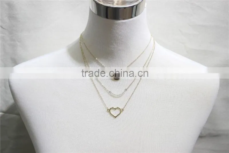 Gold Chain Layered Set Necklace w/Clear Crystal & Circle Heart Metal Necklace 2016 Fashion Style Wholesale
