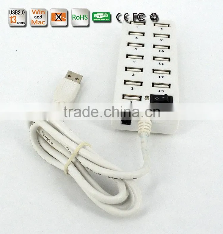 Hot sell High- performance Portable 480MBPS usb2.0 13 port hub with one switch+large capacity