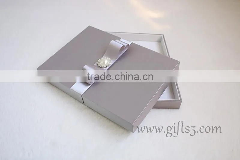 Luxury wedding invitation boxes with pearl ribbon