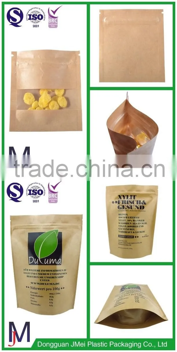 Food grade brown kraft stand up paper bag with window/Kraft Paper Bag