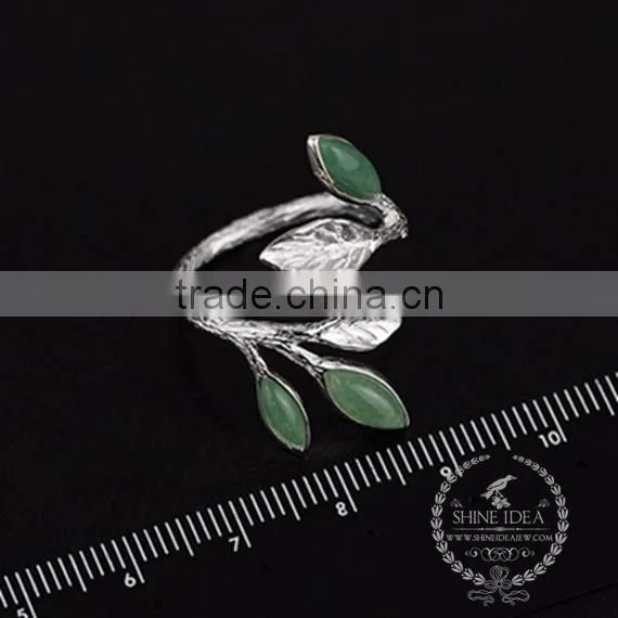 925 Sterling solid silver leaf branch aventurine adjustable ring fashion women jewelry 6260548