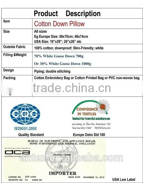 Cotton 30% White Goose Down filling weight 1KG Silver Pillow