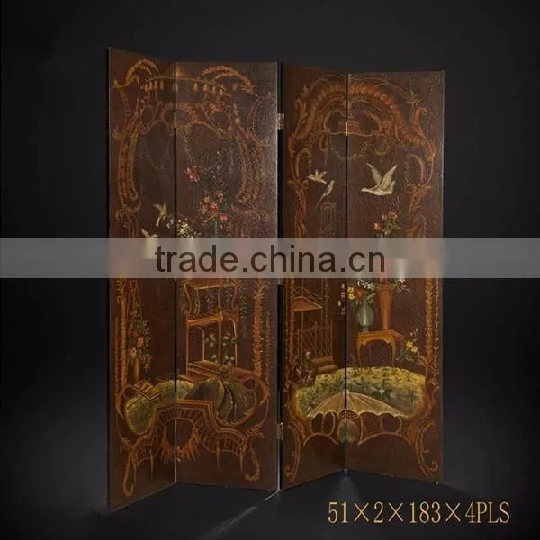 Traditional Hand Painting Three Door Folding Screen, Retro Furniture Decorative Wooden Floor Screen With Crackle