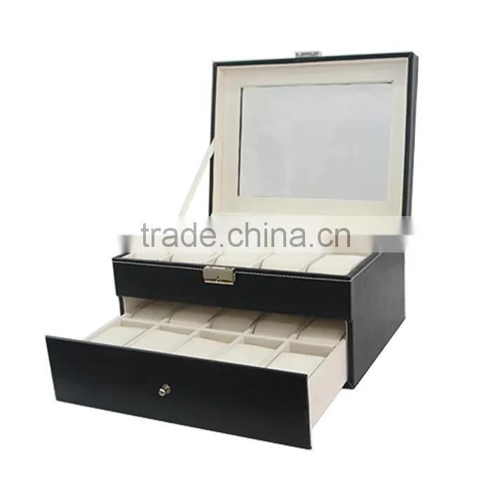 Store More Watch Box Large 20 Mens Black Leather Display Glass Top Jewelry Case Organizer