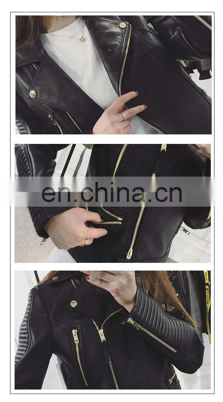 Wholesale Spring Female Long Sleeve Short Beaded Motorcycle Jacket Excelled Leather Jacket