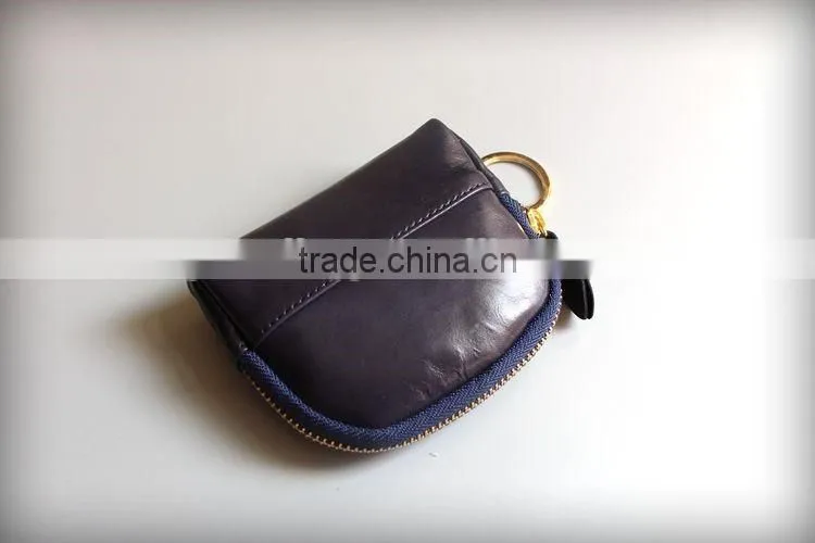 Colorful Genuine Waxy Leather Ladies Zipper Coin Purse Change Bag with keyring