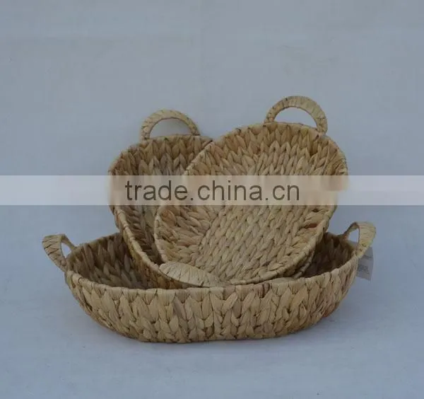S/3 Oval Natural Handwoven Water Hyacinth Tray with Handles