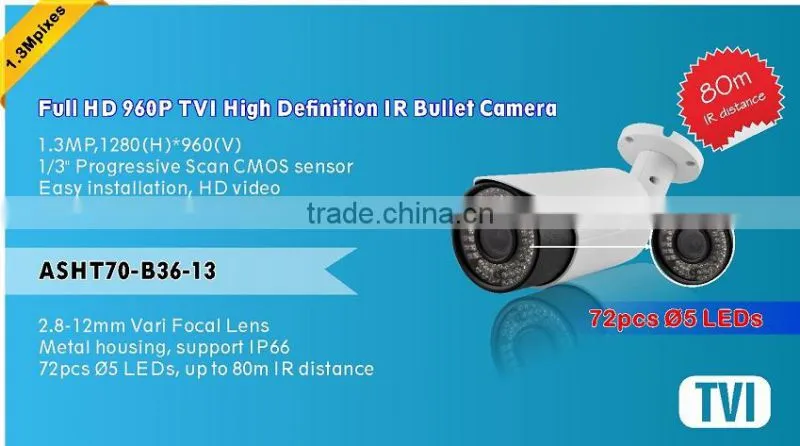 TVI Camera 960P night vision support ip66 2.8-12mm Vari Focal Lens IR distance 80 meter 1.3Megapixel bullet cctv camera