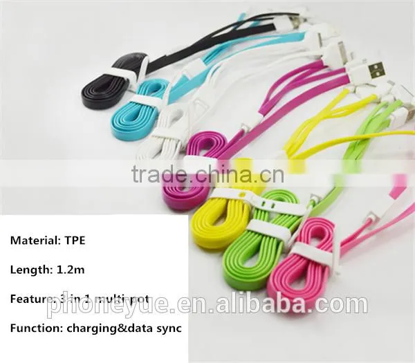colorful flat 1.2m 3 in1 charging usb cable for iphone and for samsung