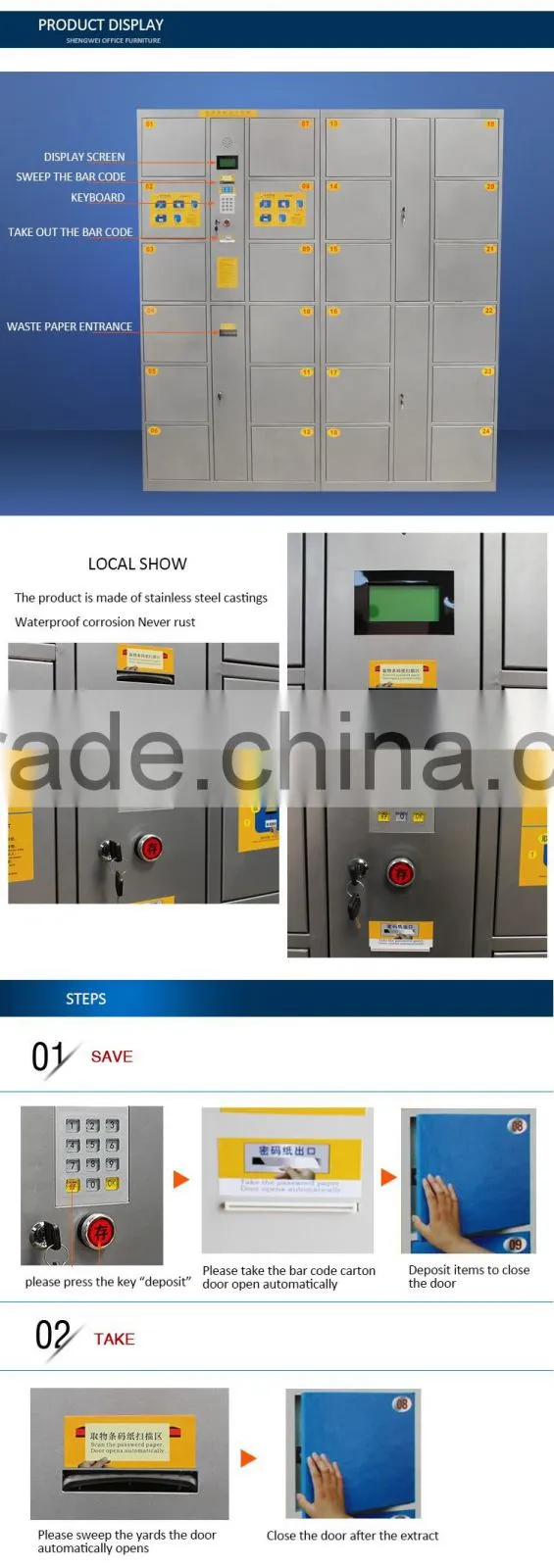 Colorful supermarket 24 drawers electronic storage cabinet/gym stainless steel locker for luggage storage
