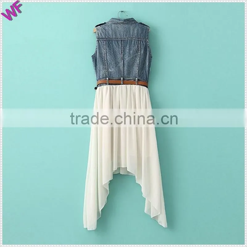 2015 high fashion denim match chiffion ladies denim chiffon dress