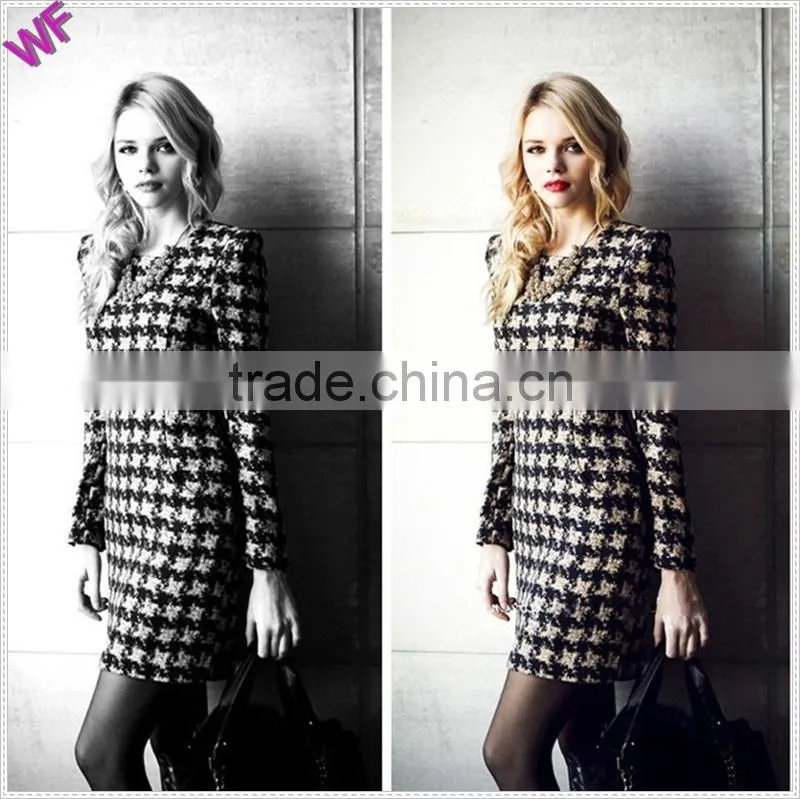 Custom Made inj China Houndstooth Winter Long Sleeve Dress