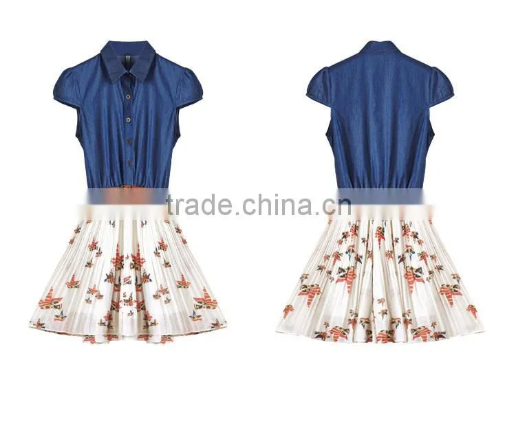 2015 New arrival New Style Fashion Women real comfort clothing Denim Matching Printing is one-piece Chiffon Dresses east